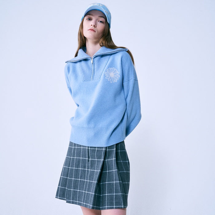HIGH NECK KNIT ZIP UP FLOWER NEEDLEWORK