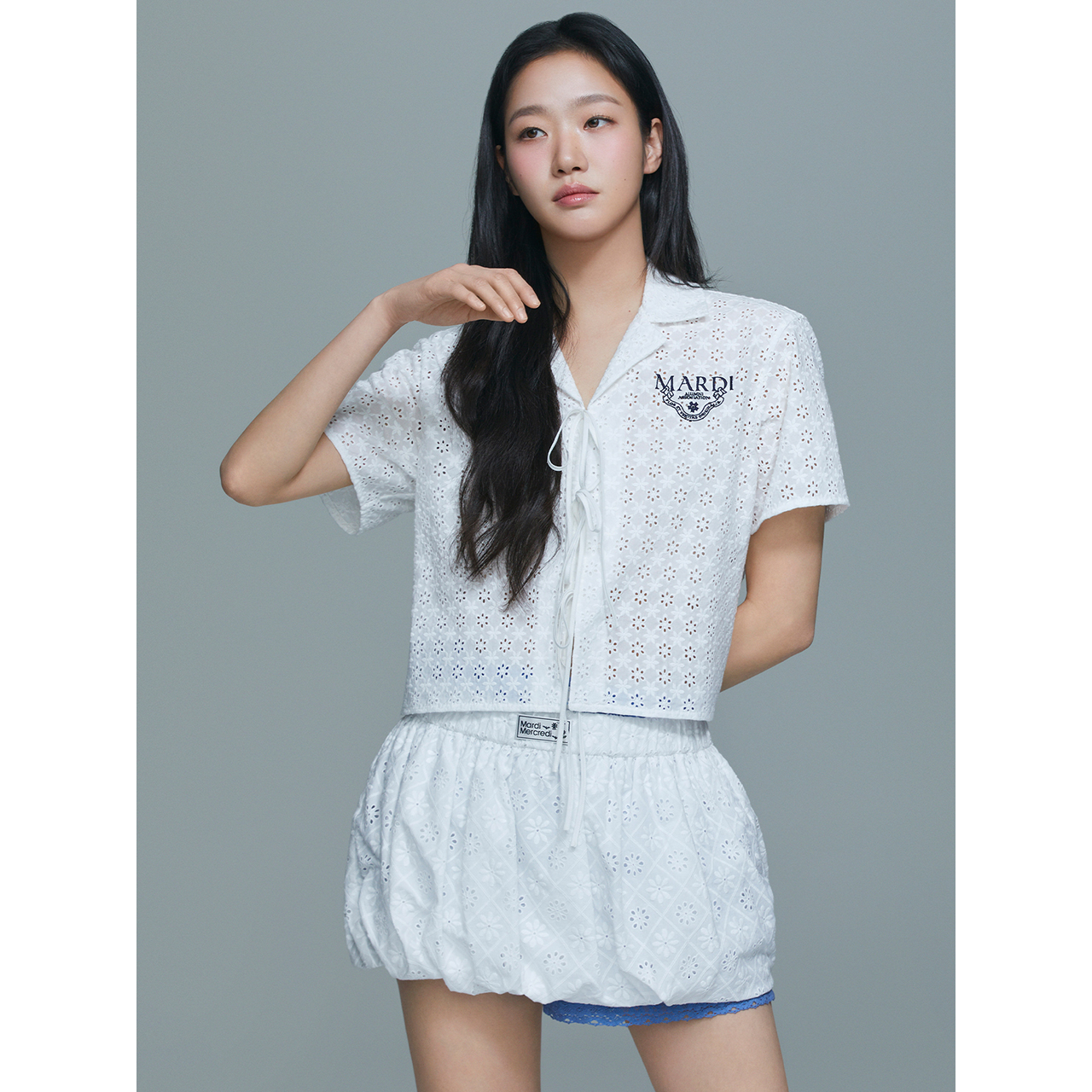 CROPPED SHIRT HALF SLEEVE EYELET RIBBON