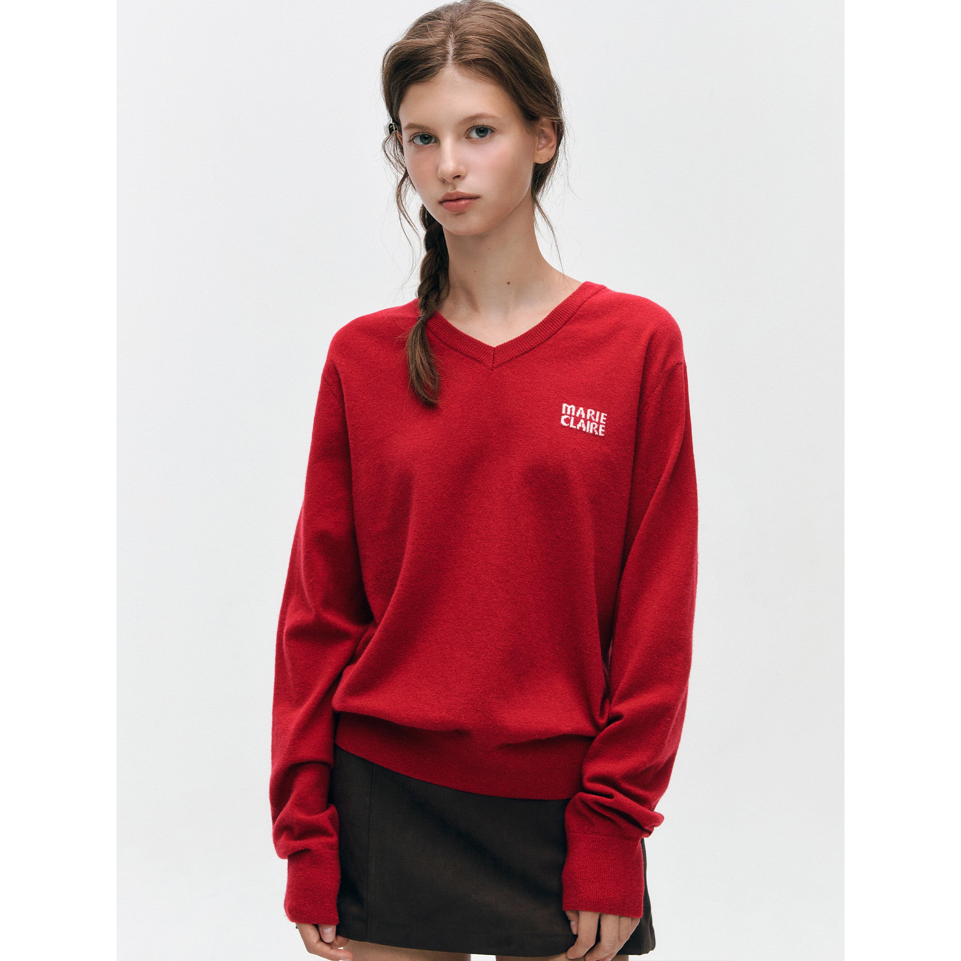 Marie Claire wool logo V-neck knit