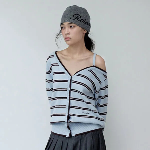 ONE OFF SHOULDER STRIPE WOOL BLENDED CARDIGAN