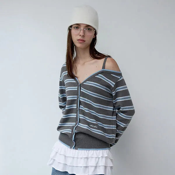 ONE OFF SHOULDER STRIPE WOOL BLENDED CARDIGAN