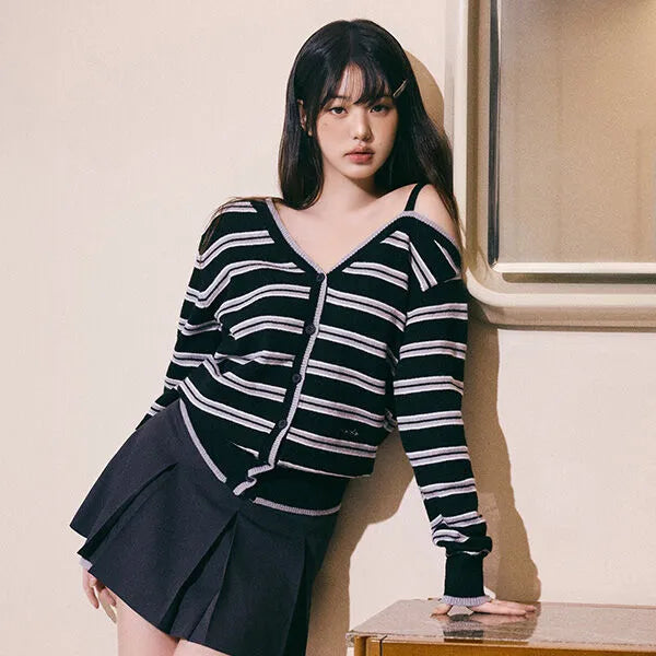 ONE OFF SHOULDER STRIPE WOOL BLENDED CARDIGAN