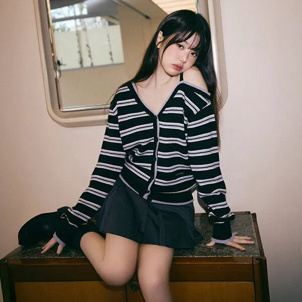 ONE OFF SHOULDER STRIPE WOOL BLENDED CARDIGAN