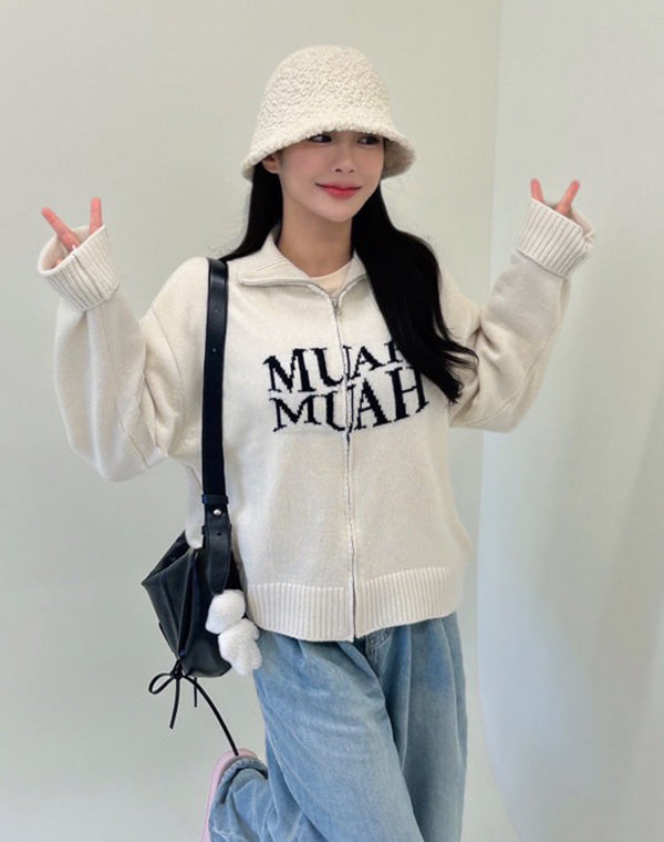 JACQUARD KNIT ZIPUP CARDIGAN