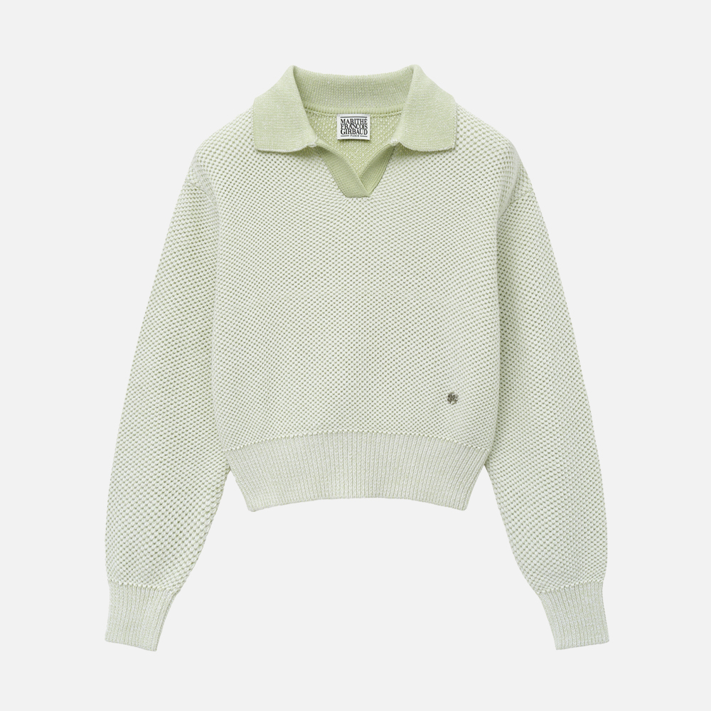 W COTTON BLENDED OPEN COLLAR CROP KNIT