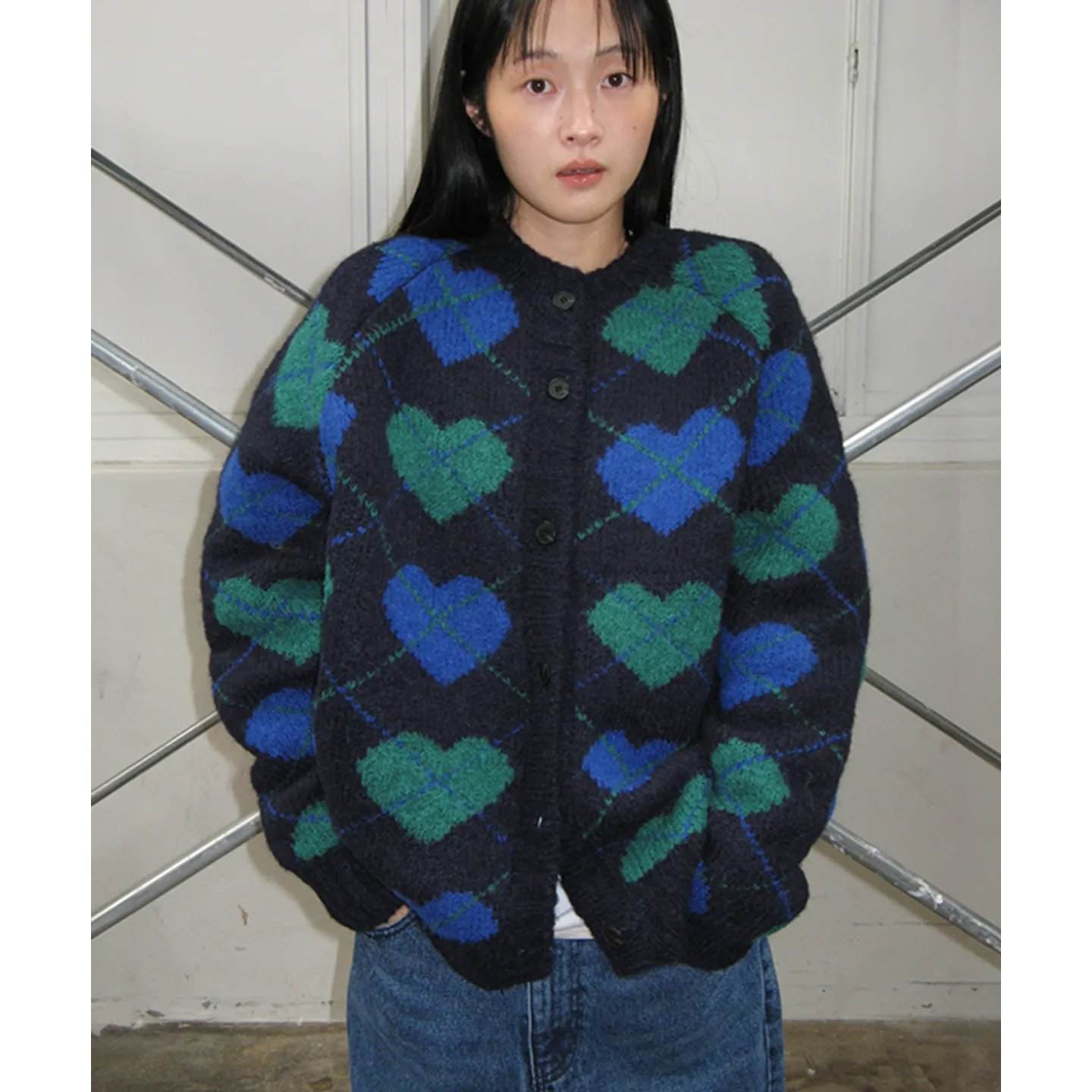 HEART ARGYLE HEAVY KNIT OVERFIT CARDIGAN
