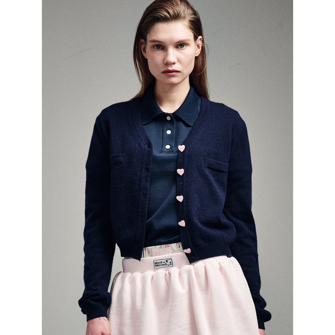CASHMERE BLENDED CARDIGAN HEART BUTTON