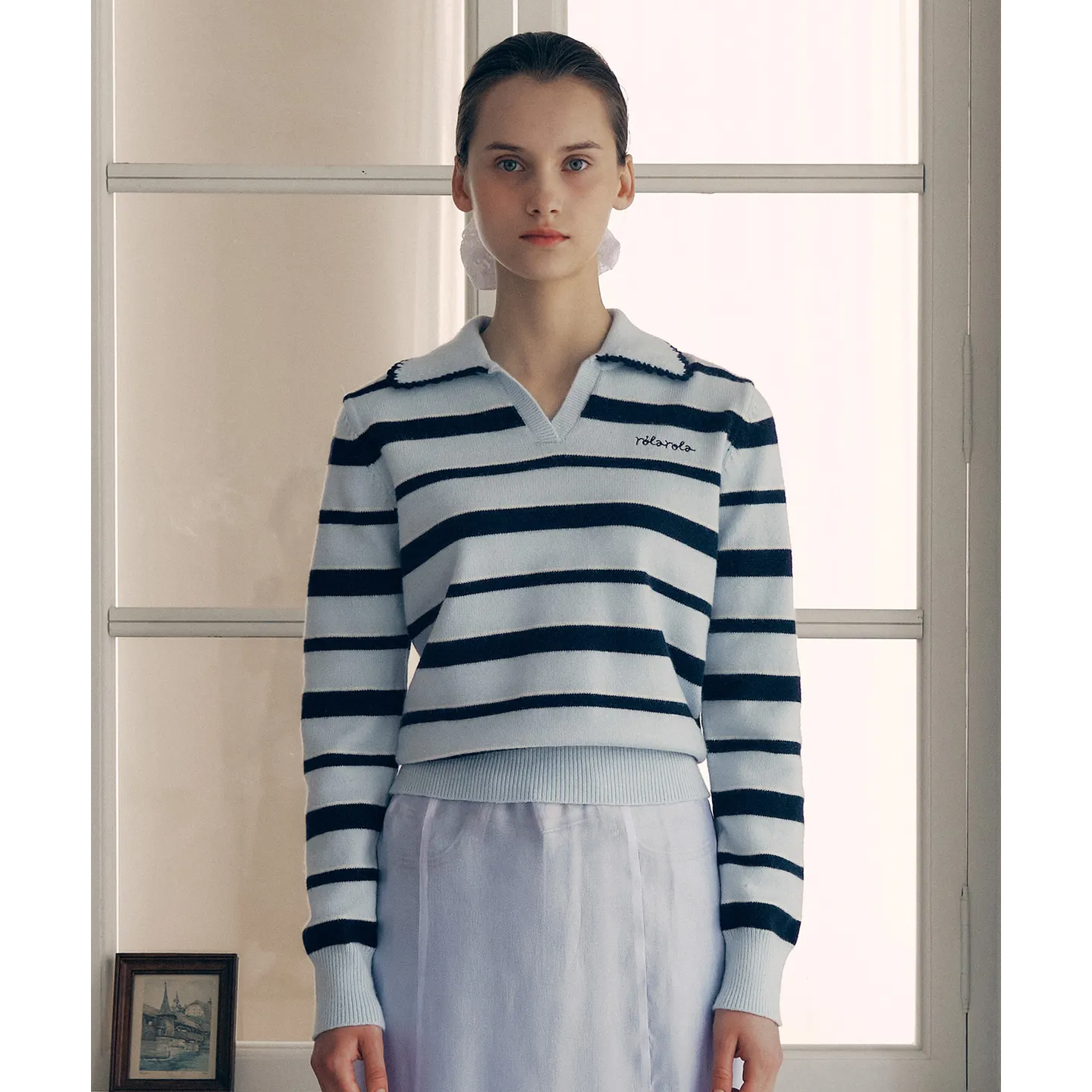 V NECK COLLAR STRIPE KNIT PULLOVER
