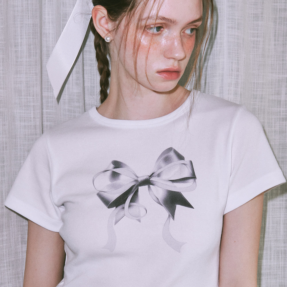 DOUBLE RIBBON SLIM CROP T SHIRT