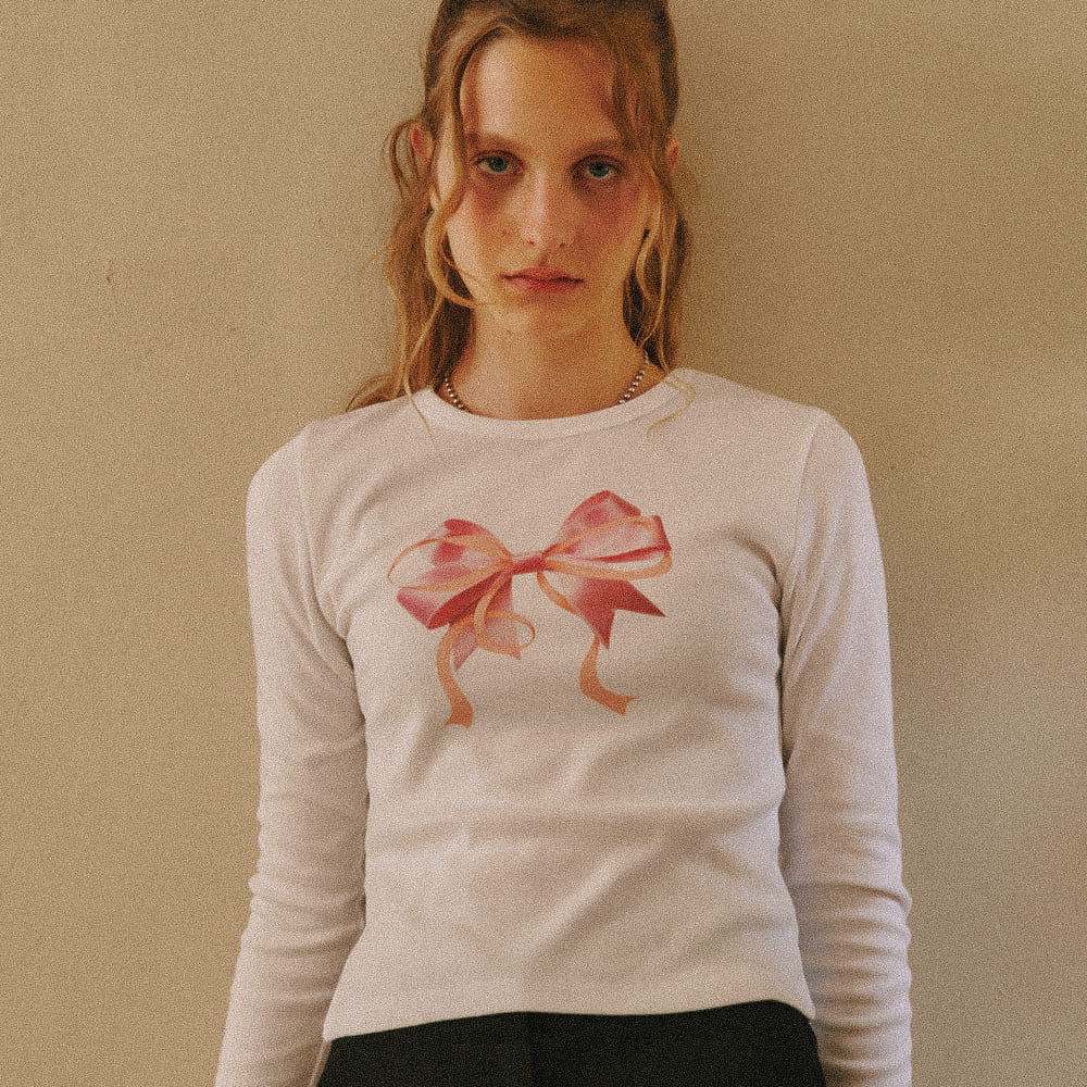 DOUBLE RIBBON SLIM CROP LONG SLEEVE - WHITE PINK
