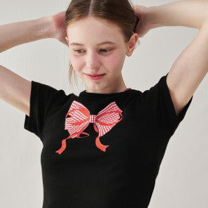 GINGHAM DOUBLE RIBBON SLIM CROP T SHIRT
