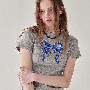GINGHAM DOUBLE RIBBON SLIM CROP T SHIRT