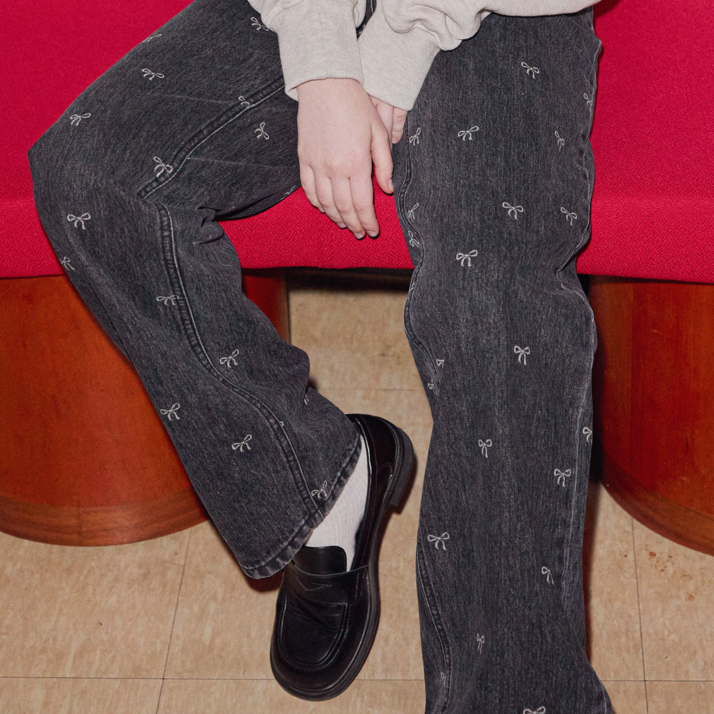 RIBBON PRINTED DENIM PANTS
