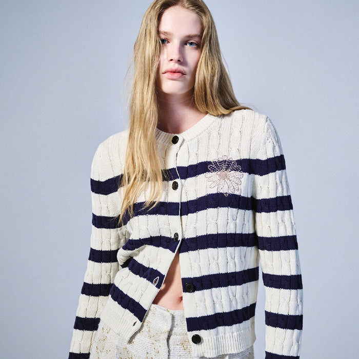 COTTON CARDIGAN ROUND NECK STRIPE