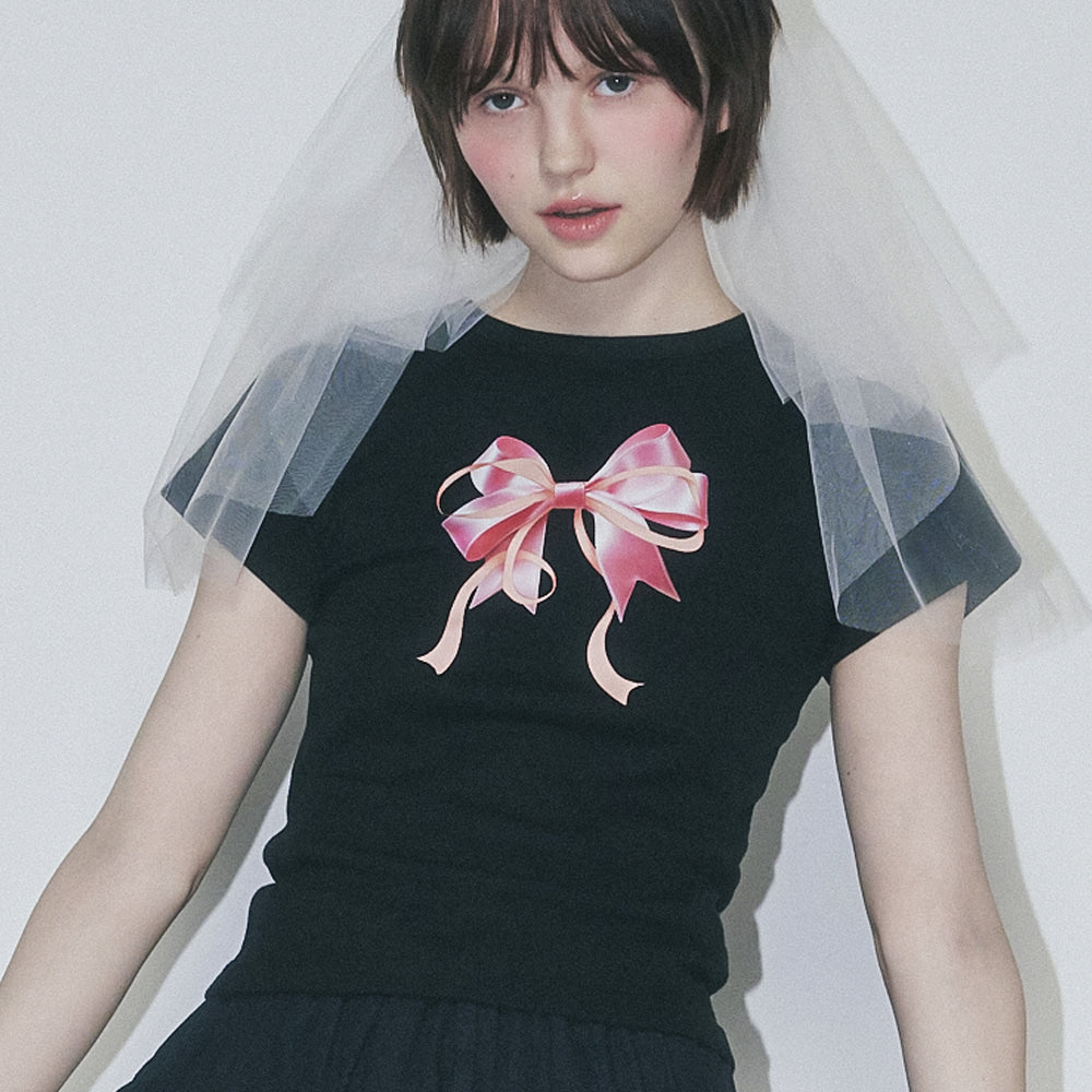 DOUBLE RIBBON SLIM CROP T SHIRT