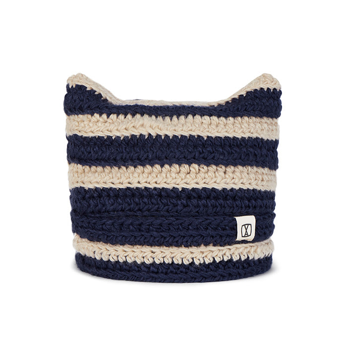 Square Label Striped Crochet Beanie