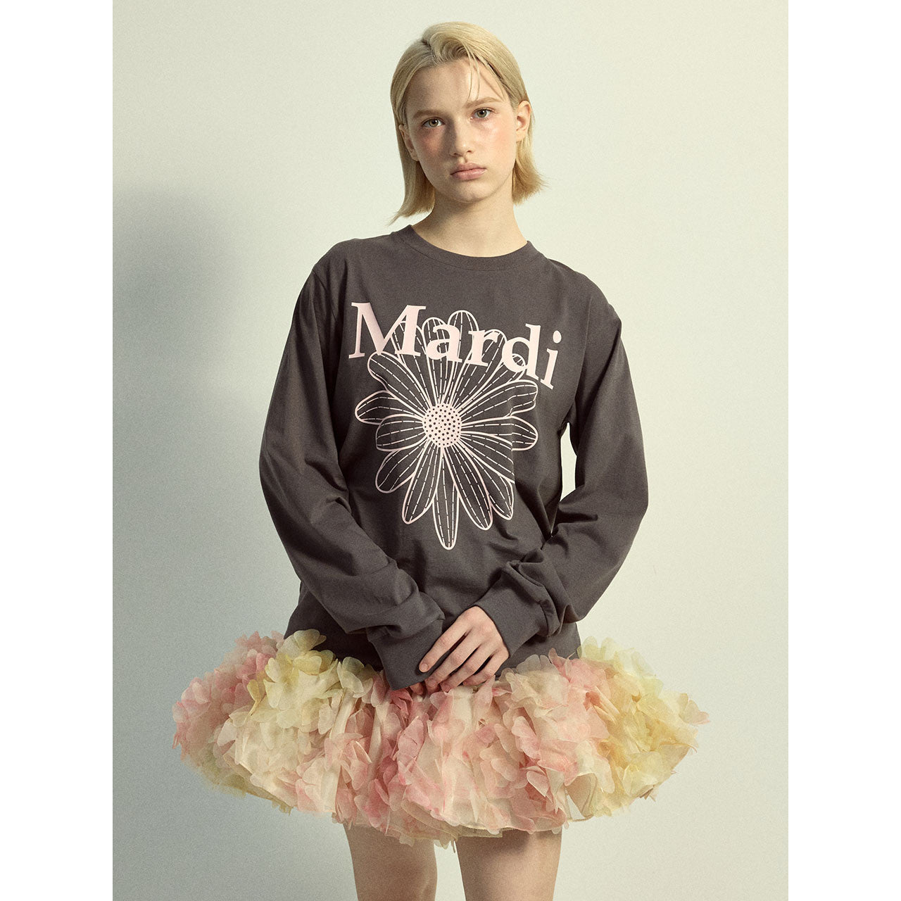 TSHIRT LONG SLEEVE FLOWERMARDI_CHARCOAL PALEPINK