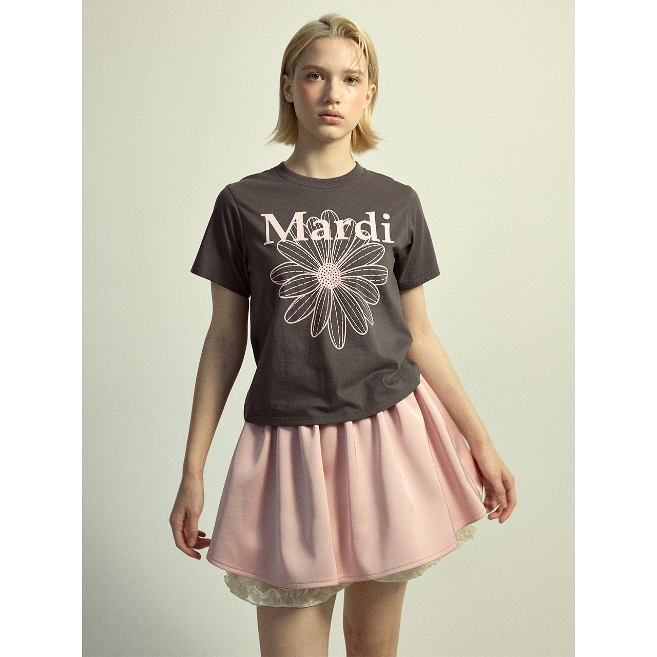 SLIM TSHIRT FLOWERMARDI_CHARCOAL PALEPINK