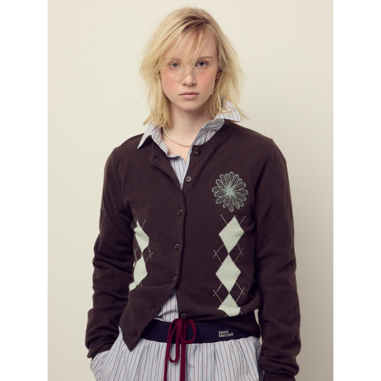 CASHMERE BLENDED CARDIGAN ROUND NECK ARGYLE