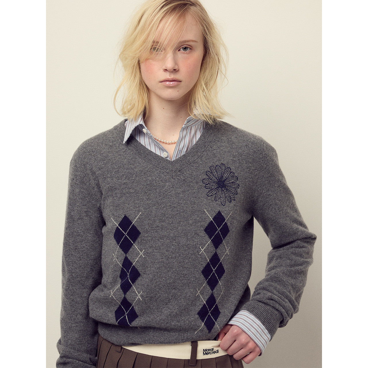 CASHMERE BLENDED V NECK ARGYLE