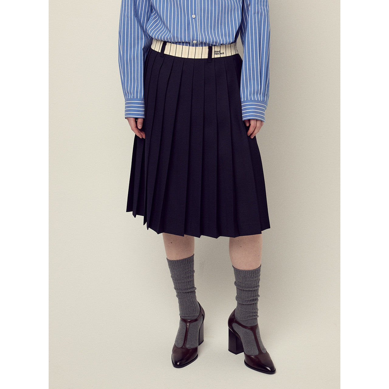 WOOL PLEATED MIDI SKIRT CONTRAST WAISTBAND