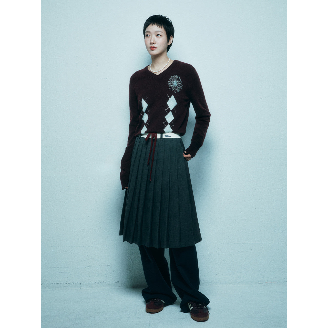 WOOL PLEATED MIDI SKIRT CONTRAST WAISTBAND