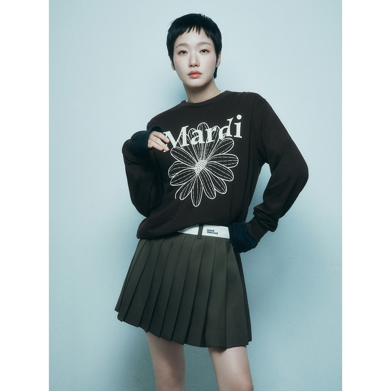 WOOL PLEATED MINI SKIRT CONTRAST WAISTBAND