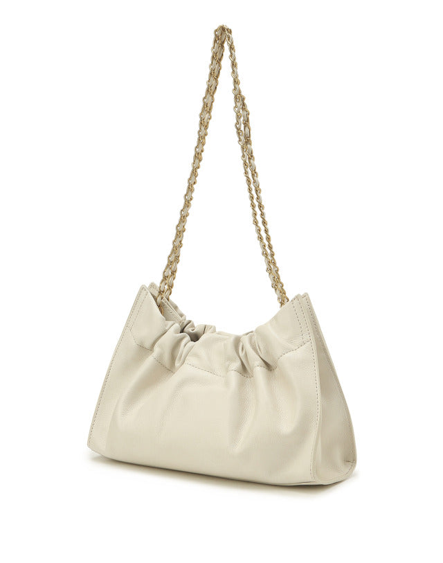 Draw String Cowhide Chain Shoulder Bag - Ivory